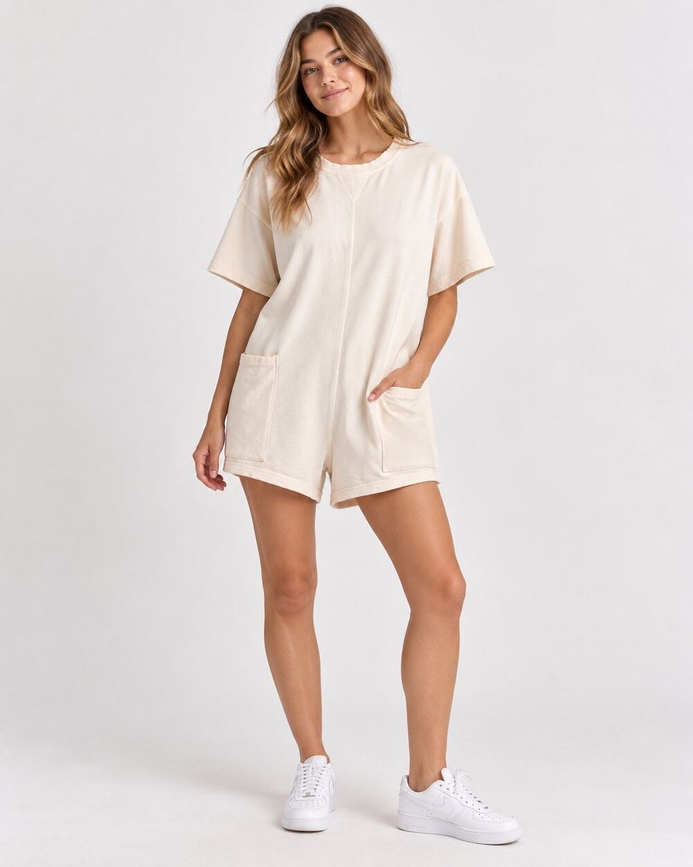 FP Movement Hot Shot Romper Womens S Ivory Cream V Neck Pockets Free People